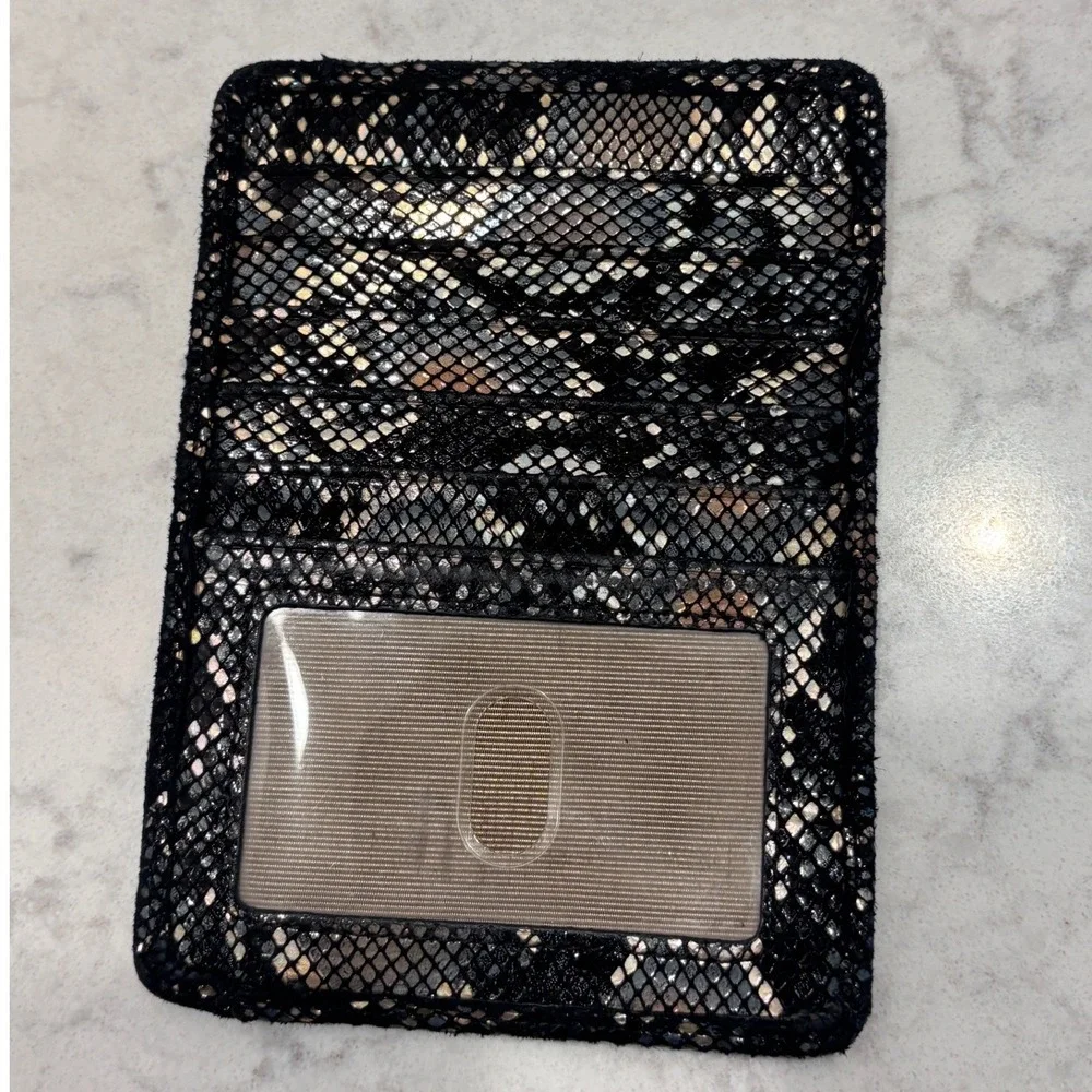 Hobo International Metallic Snakeskin Embossed Leather Slim Card Case Wallet Zip
